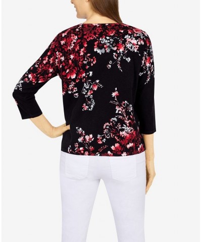 Petite Size Classics Asymmetric Floral Print Sweater Black, Red $26.48 Sweaters