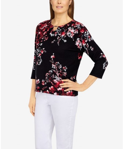 Petite Size Classics Asymmetric Floral Print Sweater Black, Red $26.48 Sweaters