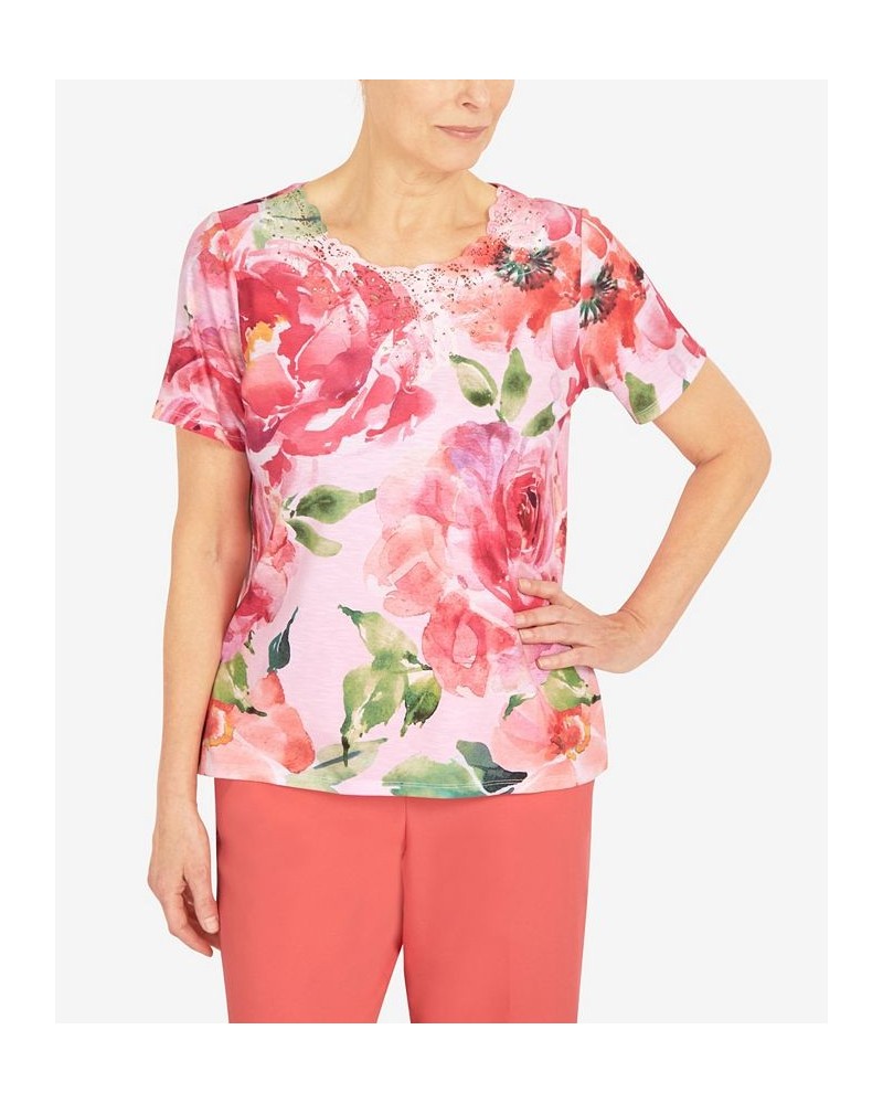 Petite Lace Neck Floral T-shirt Multi $28.38 Tops