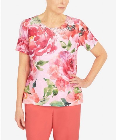 Petite Lace Neck Floral T-shirt Multi $28.38 Tops