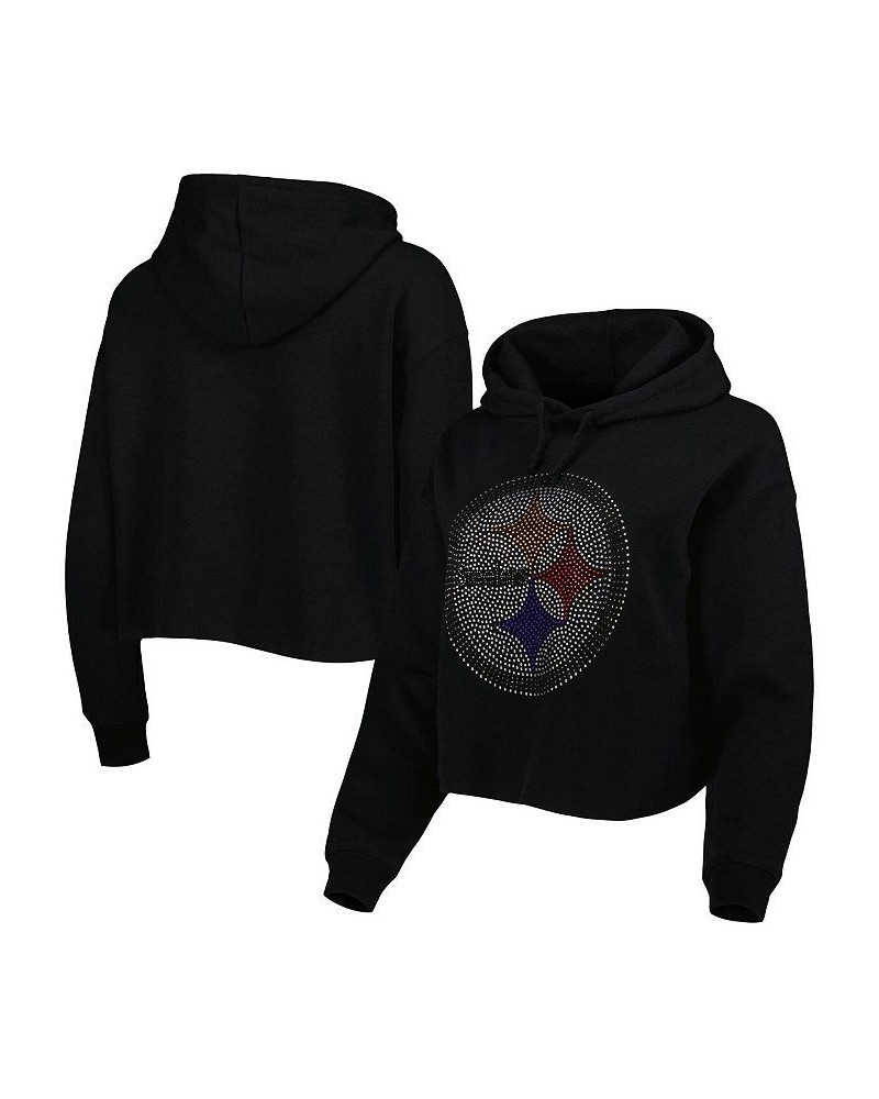 Women's Black Pittsburgh Steelers Crystal Logo Cropped Pullover Hoodie Black $49.49 Sweatshirts