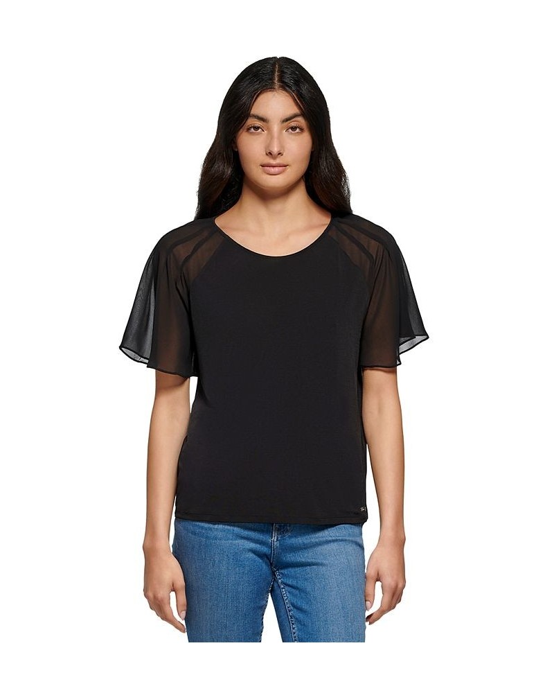 Women's Chiffon Flutter Sleeve Top Black $21.48 Tops