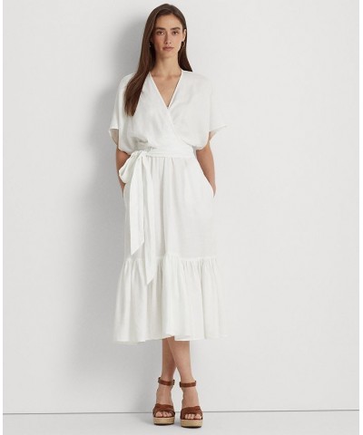 Women's Belted Linen Wrap-Style Dress White $62.40 Dresses