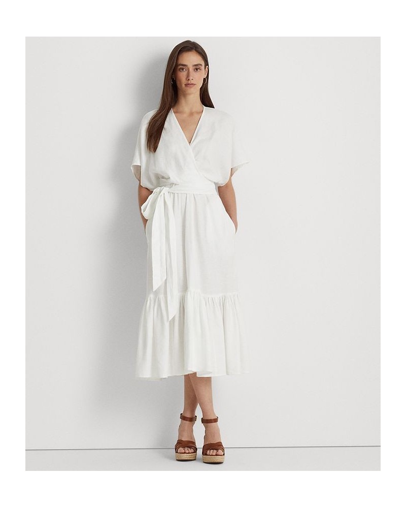 Women's Belted Linen Wrap-Style Dress White $62.40 Dresses