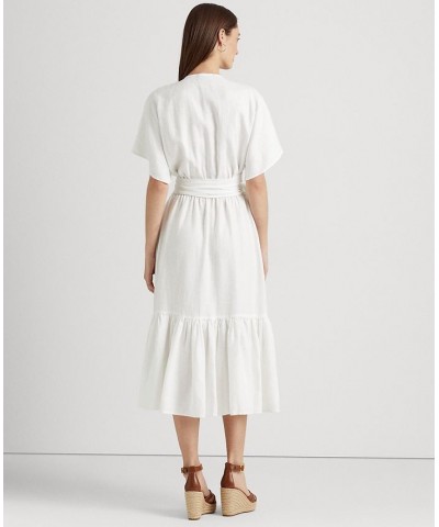 Women's Belted Linen Wrap-Style Dress White $62.40 Dresses