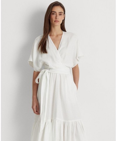 Women's Belted Linen Wrap-Style Dress White $62.40 Dresses