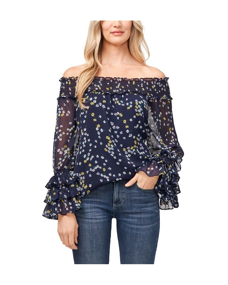 Women's Long Sleeve Smocked Off-The-Shoulder Top Blue $29.75 Tops