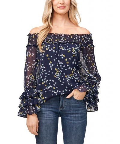 Women's Long Sleeve Smocked Off-The-Shoulder Top Blue $29.75 Tops