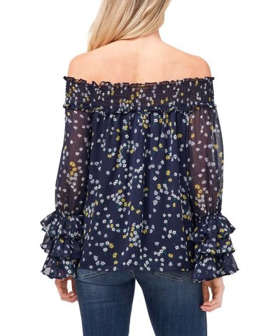 Women's Long Sleeve Smocked Off-The-Shoulder Top Blue $29.75 Tops