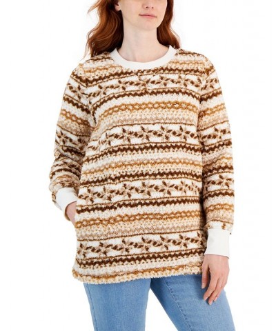 Women's Printed Crewneck Fleece Tunic Tan/Beige $9.53 Sweatshirts