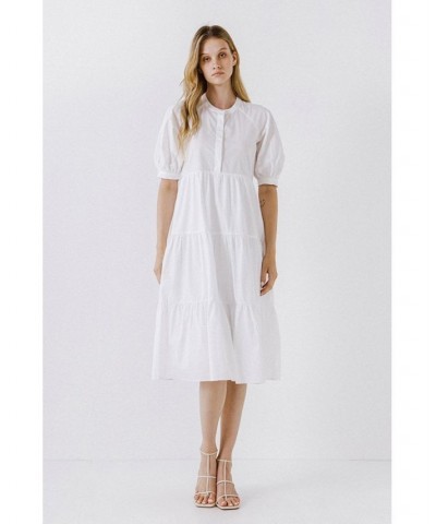 Women's Short Puff Sleeve Midi Dress White $47.00 Dresses