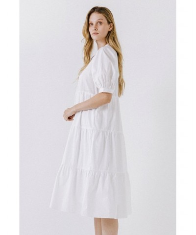 Women's Short Puff Sleeve Midi Dress White $47.00 Dresses