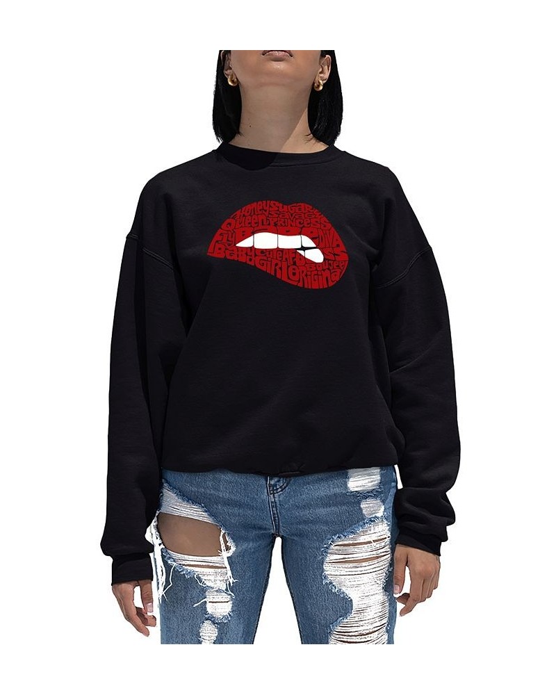 Women's Word Art Crewneck Savage Lips Sweatshirt Black $29.49 Sweatshirts