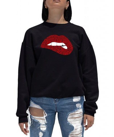 Women's Word Art Crewneck Savage Lips Sweatshirt Black $29.49 Sweatshirts