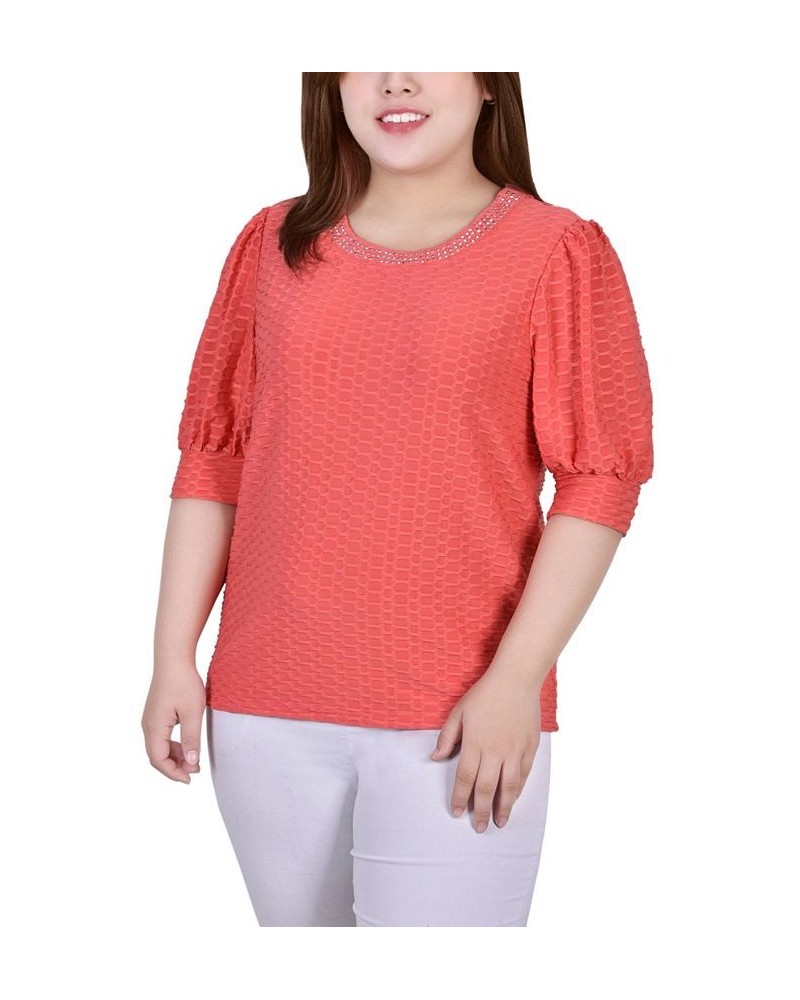 Plus Size Short Puff Sleeve Honeycomb Top Coral $12.97 Tops