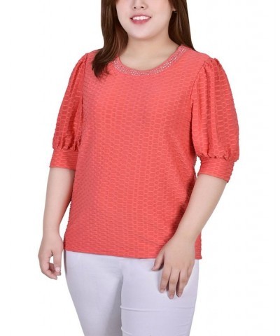 Plus Size Short Puff Sleeve Honeycomb Top Coral $12.97 Tops