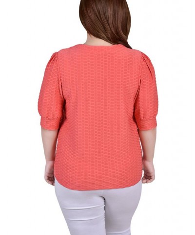 Plus Size Short Puff Sleeve Honeycomb Top Coral $12.97 Tops