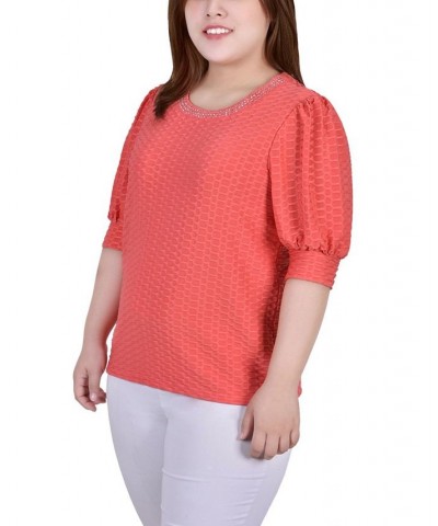 Plus Size Short Puff Sleeve Honeycomb Top Coral $12.97 Tops