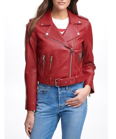 Plus Size Faux Leather Belted Motorcycle Jacket Deep Red $38.50 Jackets