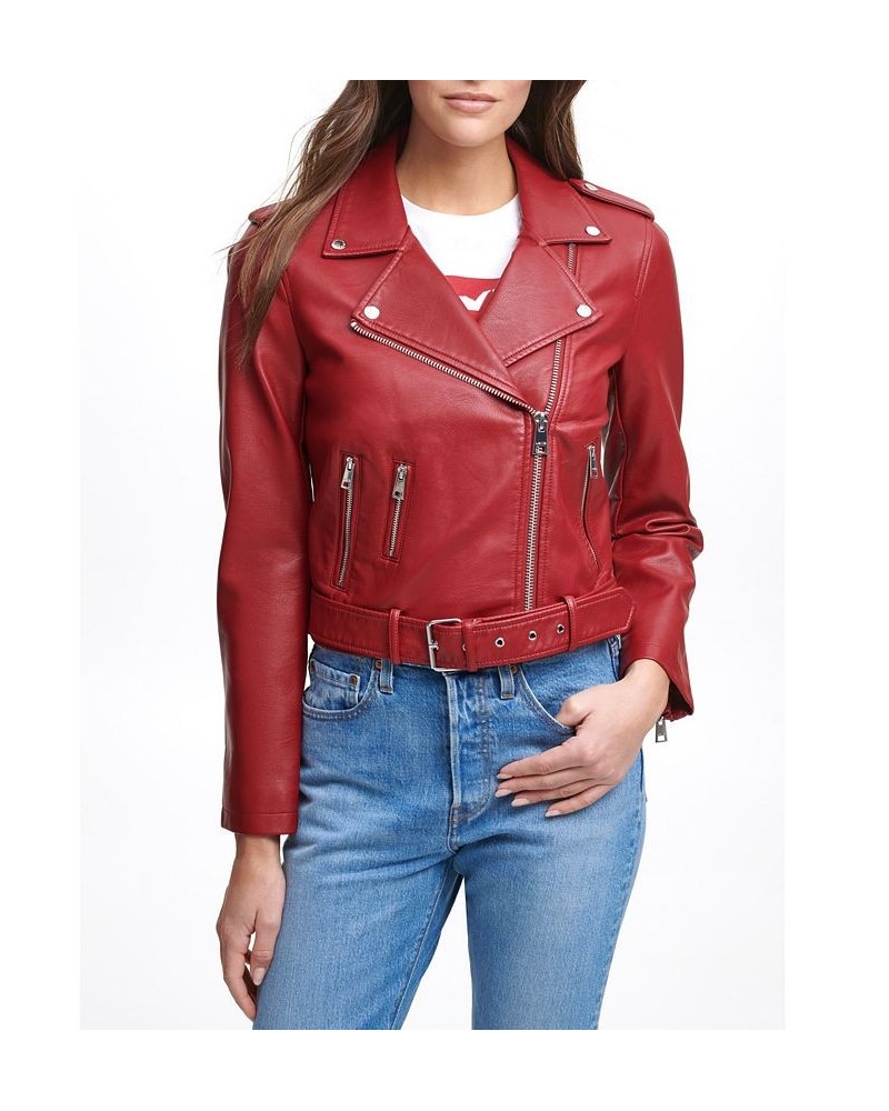 Plus Size Faux Leather Belted Motorcycle Jacket Deep Red $38.50 Jackets