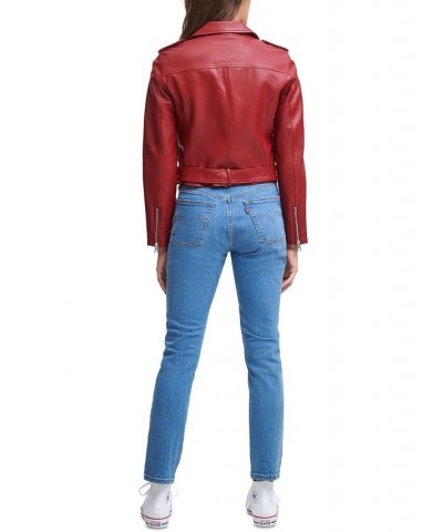 Plus Size Faux Leather Belted Motorcycle Jacket Deep Red $38.50 Jackets