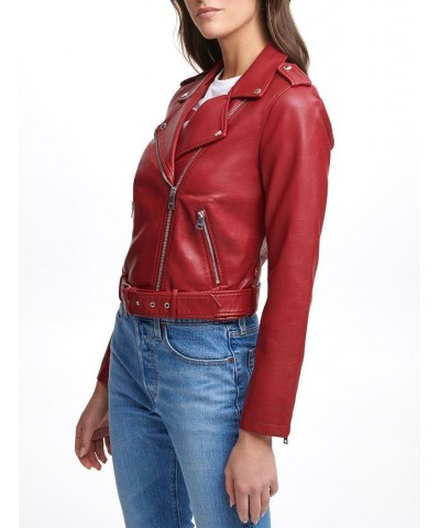 Plus Size Faux Leather Belted Motorcycle Jacket Deep Red $38.50 Jackets