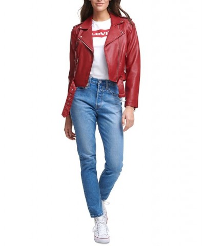 Plus Size Faux Leather Belted Motorcycle Jacket Deep Red $38.50 Jackets