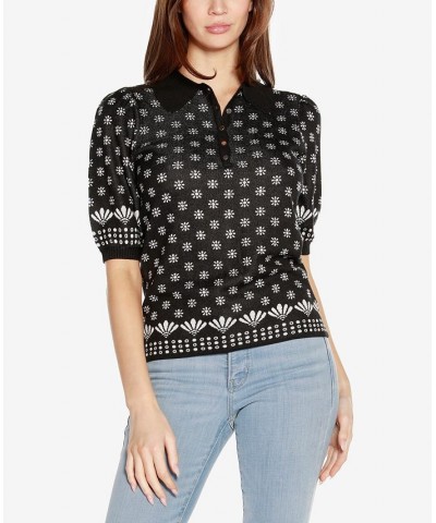 Women's Black Label Floral Jacquard Puff Sleeve Henley Sweater Black Combo $23.50 Sweaters