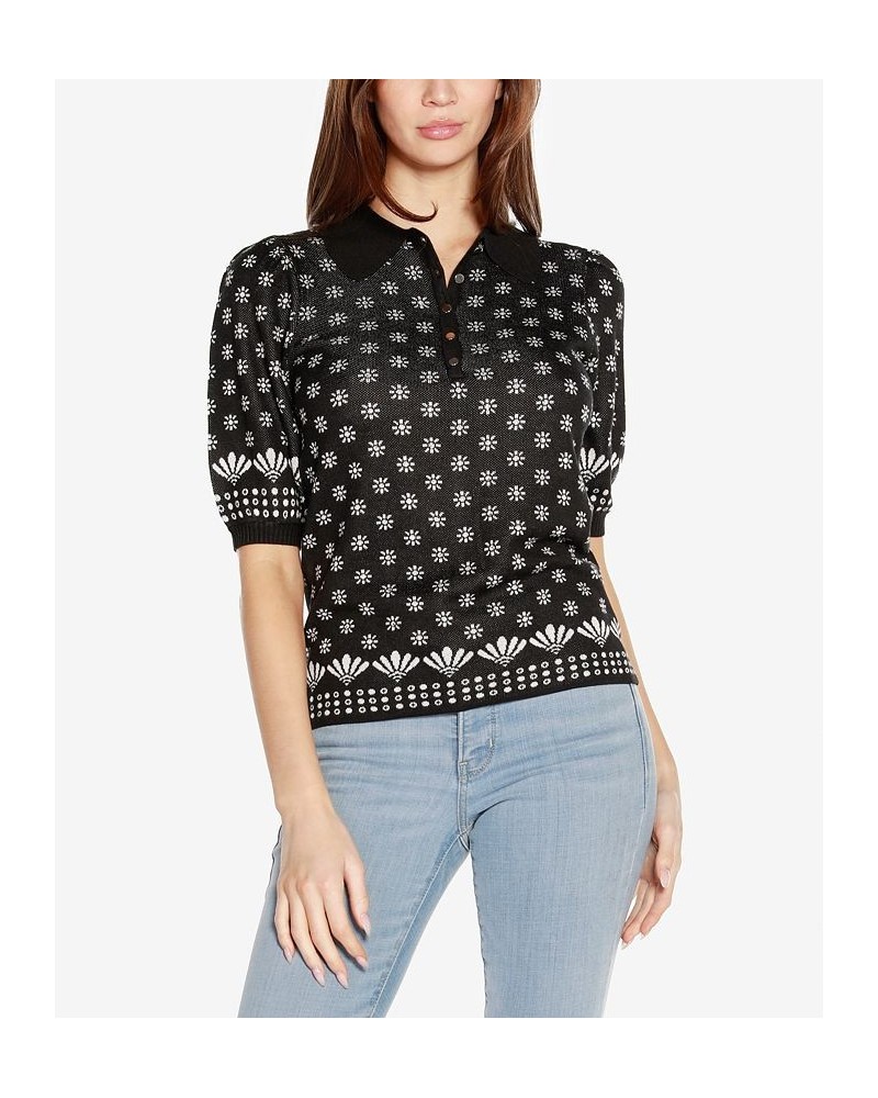 Women's Black Label Floral Jacquard Puff Sleeve Henley Sweater Black Combo $23.50 Sweaters