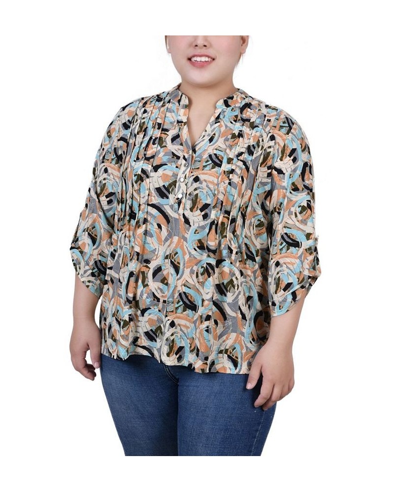 Plus Size 3/4 Roll Tab Sleeve Y-Neck Top Multi Abstract $13.14 Tops