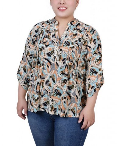 Plus Size 3/4 Roll Tab Sleeve Y-Neck Top Multi Abstract $13.14 Tops