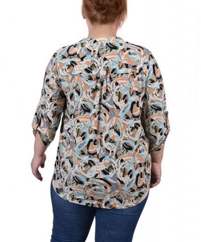 Plus Size 3/4 Roll Tab Sleeve Y-Neck Top Multi Abstract $13.14 Tops