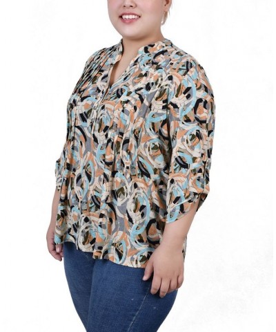 Plus Size 3/4 Roll Tab Sleeve Y-Neck Top Multi Abstract $13.14 Tops