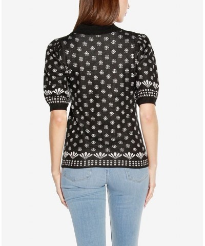 Women's Black Label Floral Jacquard Puff Sleeve Henley Sweater Black Combo $23.50 Sweaters