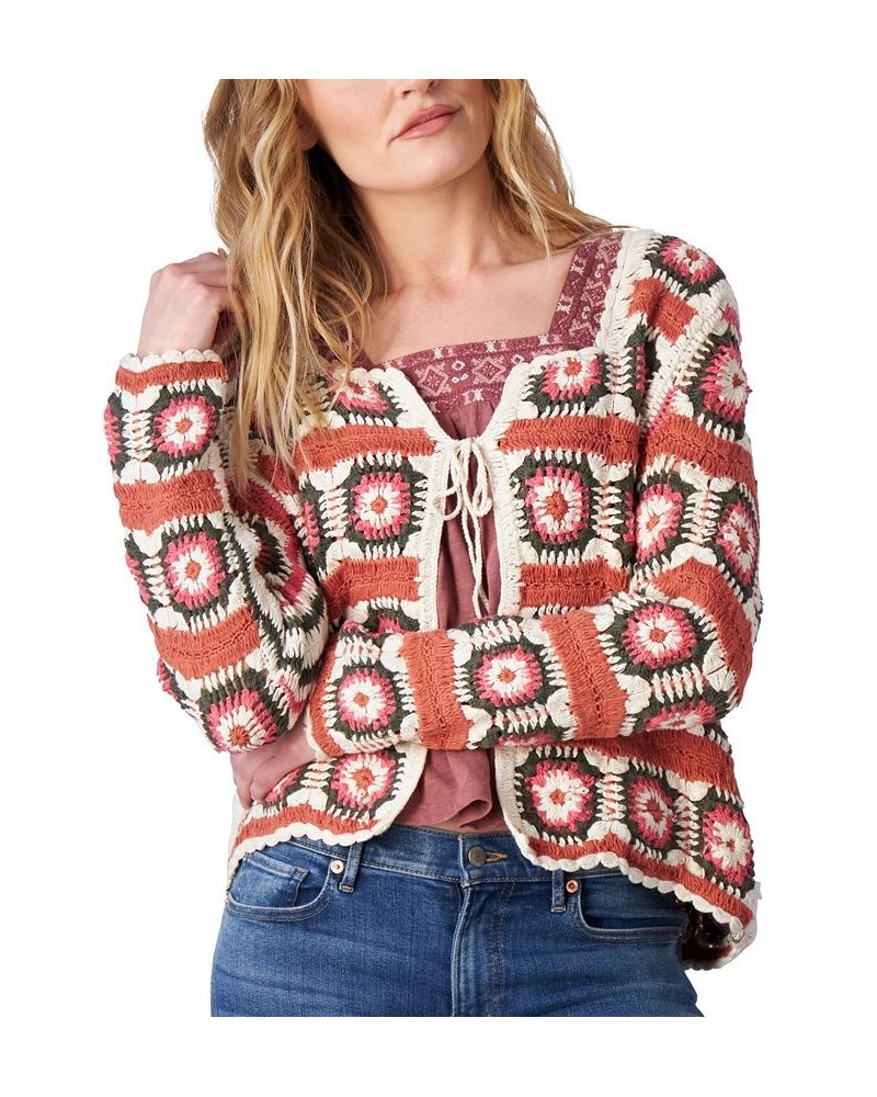 Women's Cotton Tie-Front Crochet Cardigan Lace-Embroidered V-Neck Tank Top & Sweet Mid-Rise Flared Jeans Slate Rose $71.55 Jeans