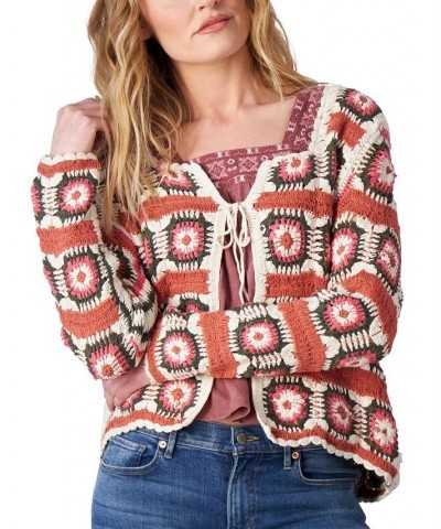 Women's Cotton Tie-Front Crochet Cardigan Lace-Embroidered V-Neck Tank Top & Sweet Mid-Rise Flared Jeans Slate Rose $71.55 Jeans