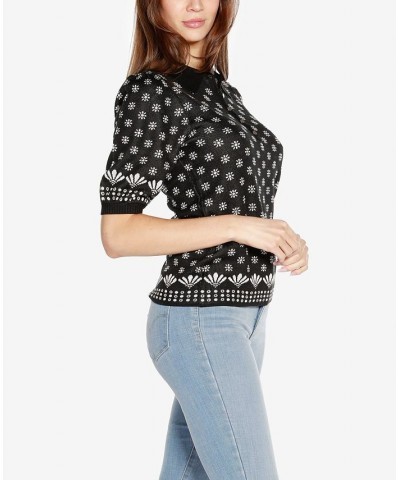 Women's Black Label Floral Jacquard Puff Sleeve Henley Sweater Black Combo $23.50 Sweaters