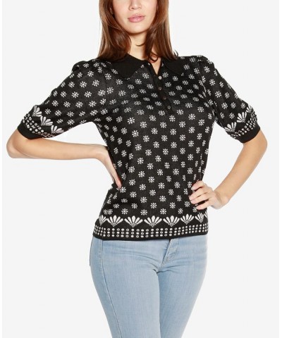 Women's Black Label Floral Jacquard Puff Sleeve Henley Sweater Black Combo $23.50 Sweaters