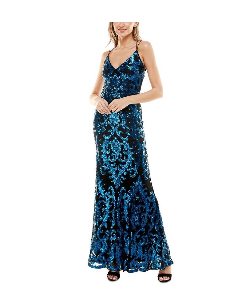 Juniors' Bungee-Strap V-Neck Sequinned Gown Blk/roy $49.49 Dresses