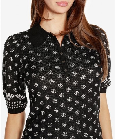 Women's Black Label Floral Jacquard Puff Sleeve Henley Sweater Black Combo $23.50 Sweaters