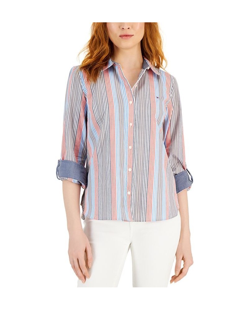 Women's Striped Roll-Tab Button-Up Shirt Spinner Stripe- Navy Multi $22.05 Tops