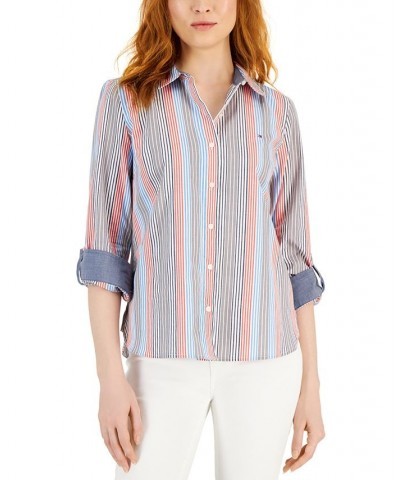 Women's Striped Roll-Tab Button-Up Shirt Spinner Stripe- Navy Multi $22.05 Tops