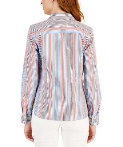 Women's Striped Roll-Tab Button-Up Shirt Spinner Stripe- Navy Multi $22.05 Tops