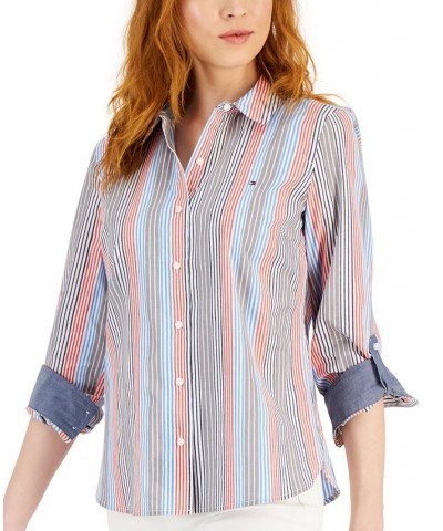 Women's Striped Roll-Tab Button-Up Shirt Spinner Stripe- Navy Multi $22.05 Tops