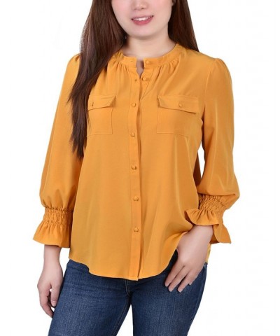 Petite Long Sleeve Y-Neck Blouse Gold $13.44 Tops