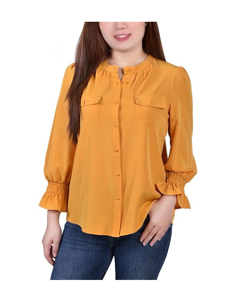 Petite Long Sleeve Y-Neck Blouse Gold $13.44 Tops