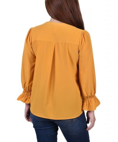 Petite Long Sleeve Y-Neck Blouse Gold $13.44 Tops