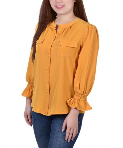 Petite Long Sleeve Y-Neck Blouse Gold $13.44 Tops