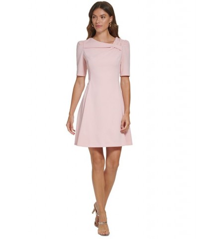 Women's Foldover-Neck Elbow-Sleeve Fit & Flare Dress Powder $35.52 Dresses