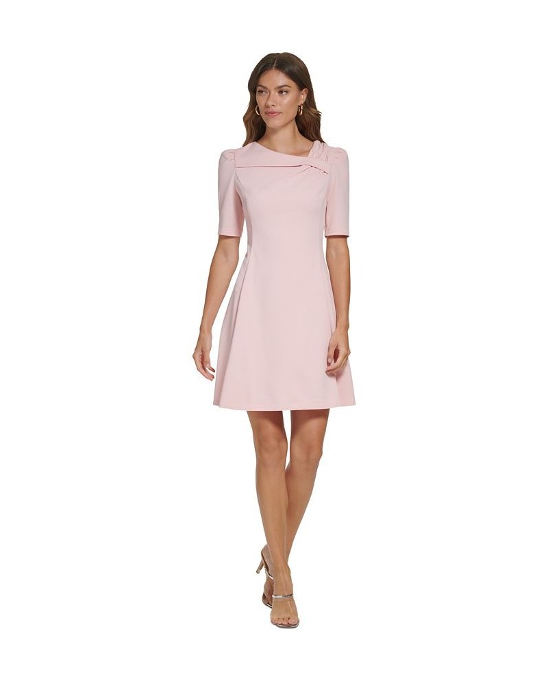 Women's Foldover-Neck Elbow-Sleeve Fit & Flare Dress Powder $35.52 Dresses